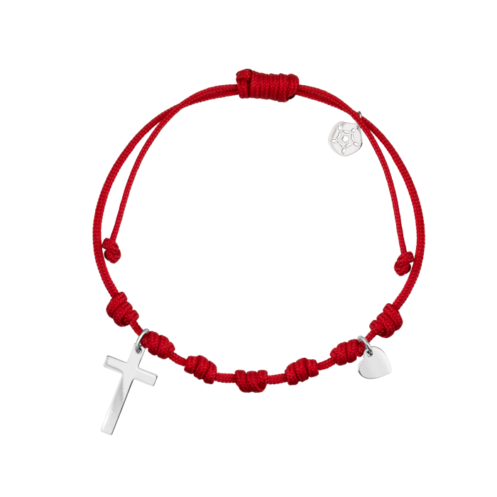 Pulsera cruz y corazón macramé rojo